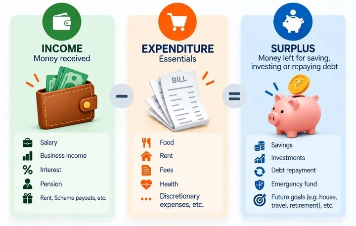 Infographic: Income minus Expenditure equals Surplus. Income: salary, business income, interest, pension, rent. Expenditure: food, rent, fees, health, discretionary spending. Surplus goes to savings, investments, debt repayment, emergency fund and future goals.