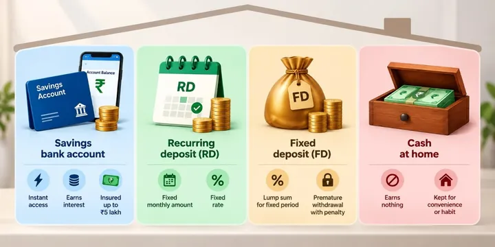 Infographic: where households keep savings. Savings bank account (instant access, earns interest, insured up to ₹5 lakh), recurring deposit (fixed monthly amount, fixed rate), fixed deposit (lump sum for a fixed period, penalty on early withdrawal) and cash at home (earns nothing).