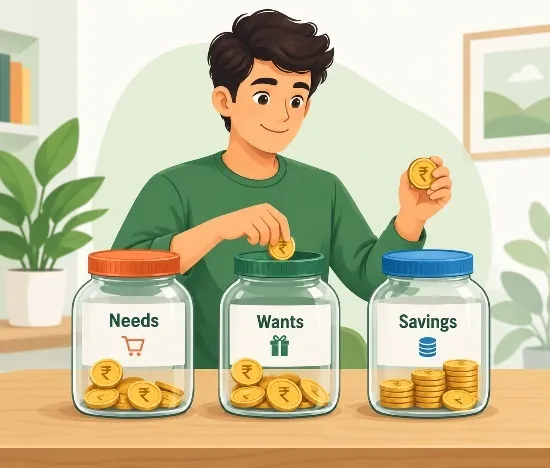 Illustration: a young man dropping coins into three jars labelled Needs, Wants and Savings.