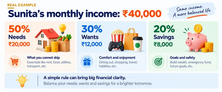 Infographic: Sunita’s ₹40,000 monthly income split 50-30-20 — ₹20,000 for needs, ₹12,000 for wants and ₹8,000 for savings.
