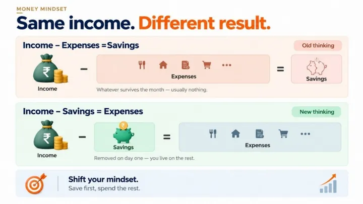 Infographic: same income, different result. Old thinking: income minus expenses equals savings, so usually nothing is left. New thinking: income minus savings equals expenses — save first, spend the rest.