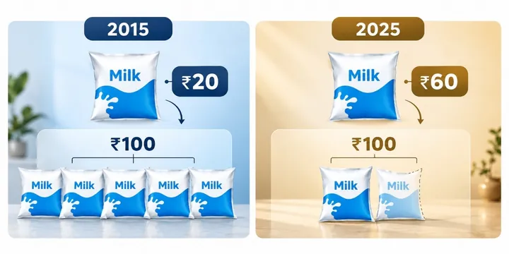 Illustration: in 2015, ₹100 bought five packets of milk at ₹20 each; in 2025, at ₹60 a packet, the same ₹100 buys fewer than two.
