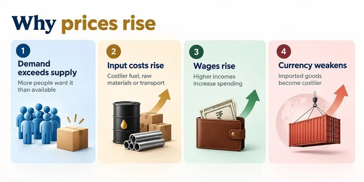Infographic: four reasons prices rise — demand exceeds supply, input costs rise, wages rise, and the currency weakens.