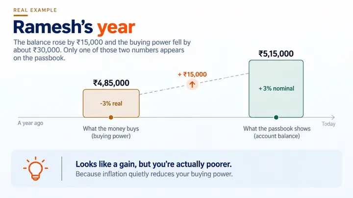 Chart: Ramesh’s year. His balance rose from ₹5,00,000 to ₹5,15,000, a 3% nominal gain, but with prices rising faster, what the money buys fell to about ₹4,85,000 — a 3% real loss.
