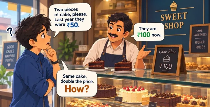 Cartoon: a customer at a sweet shop surprised that two pieces of cake now cost ₹100 instead of ₹50 last year — same cake, double the price.