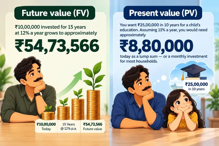 Infographic: future value — ₹10,00,000 invested for 15 years at 12% a year grows to about ₹54,73,566. Present value — to have ₹25,00,000 in 10 years at 11% a year you need about ₹8,80,000 today.