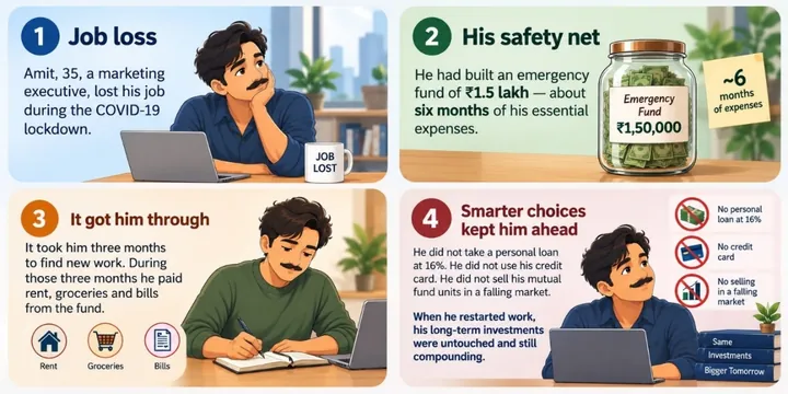 Infographic: Amit’s emergency fund. After losing his job he lived for three months on a ₹1.5 lakh fund (about six months of expenses), took no loan, used no credit card and did not sell his investments in a falling market.