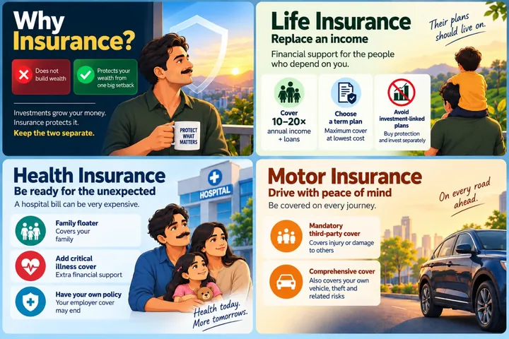 Infographic: why insurance. Life insurance replaces an income (cover of 10–20 times annual income, choose a term plan). Health insurance prepares you for hospital bills (family floater, critical illness cover, your own policy). Motor insurance: mandatory third-party and comprehensive cover.