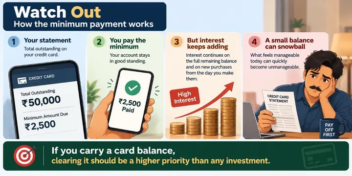 Infographic: how a credit card minimum payment works. On a ₹50,000 outstanding you pay the ₹2,500 minimum, interest keeps adding on the rest, and a small balance snowballs. If you carry a card balance, clearing it comes before any investment.