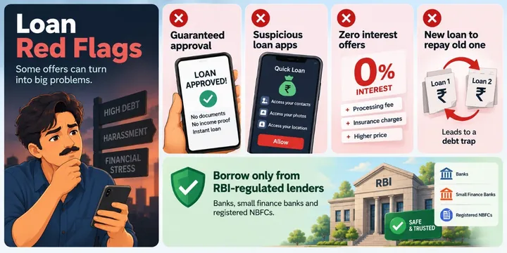 Infographic: loan red flags — guaranteed approval, suspicious loan apps asking for contacts and photos, zero-interest offers with hidden charges, and new loans to repay old ones. Borrow only from RBI-regulated lenders.