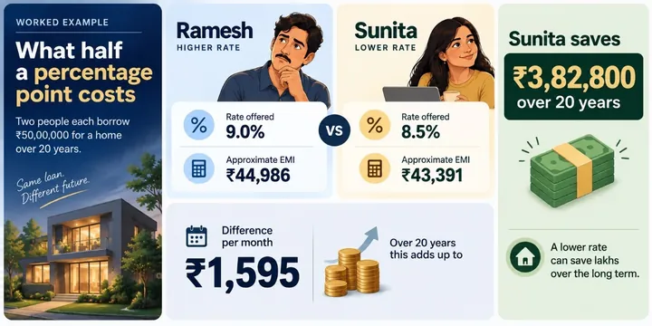 Infographic: what half a percentage point costs. Ramesh borrows ₹50 lakh at 9.0% (EMI about ₹44,986); Sunita borrows the same at 8.5% (EMI about ₹43,391). The ₹1,595 monthly difference adds up to about ₹3,82,800 over 20 years.