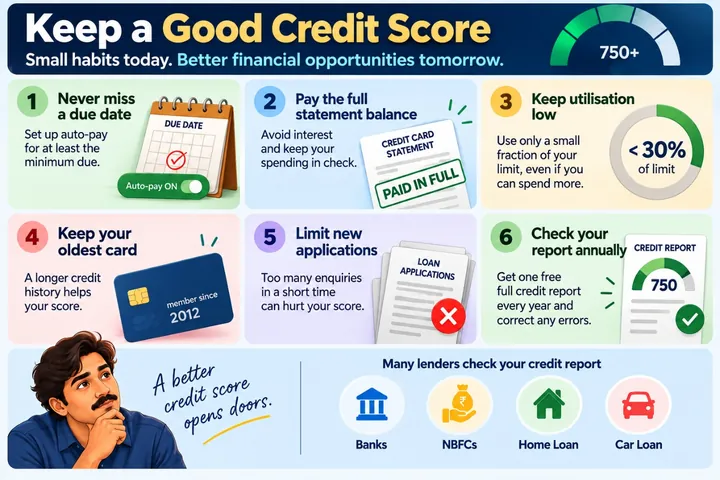 Infographic: six habits for a good credit score — never miss a due date, pay the full statement balance, keep utilisation under 30%, keep your oldest card, limit new applications and check your credit report every year.