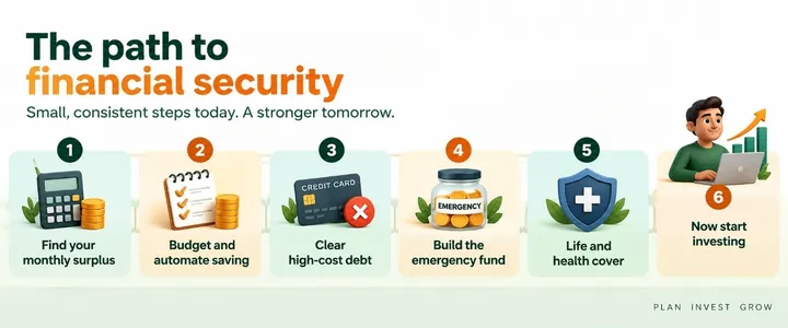 Infographic: the path to financial security in six steps — find your monthly surplus, budget and automate saving, clear high-cost debt, build the emergency fund, get life and health cover, then start investing.