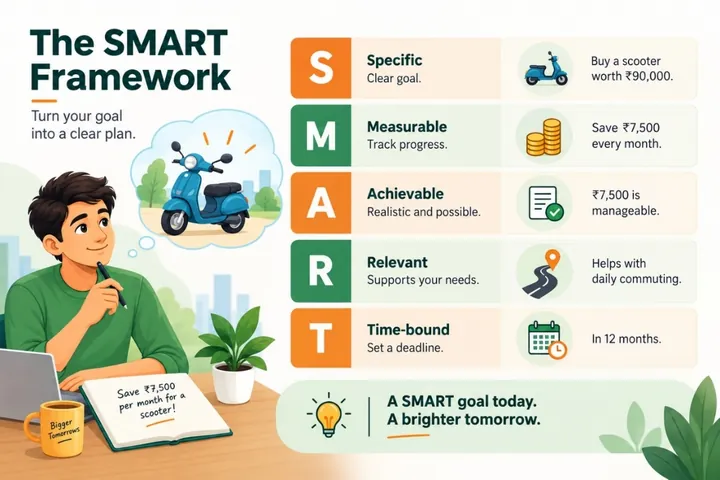 Infographic: the SMART goal framework — Specific (buy a scooter worth ₹90,000), Measurable (save ₹7,500 a month), Achievable, Relevant and Time-bound (in 12 months).