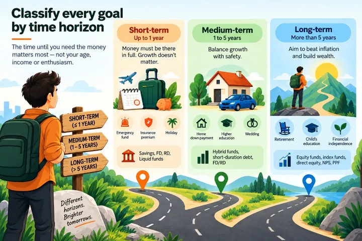 Infographic: classify goals by time horizon. Short-term (up to 1 year): savings, FD, RD, liquid funds. Medium-term (1–5 years): hybrid funds, short-duration debt, FD/RD. Long-term (more than 5 years): equity funds, index funds, NPS, PPF.
