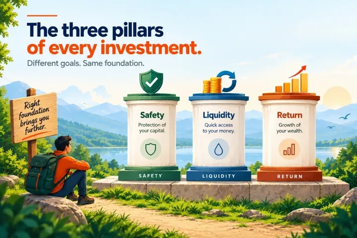 Illustration: the three pillars of every investment — safety, liquidity and return.