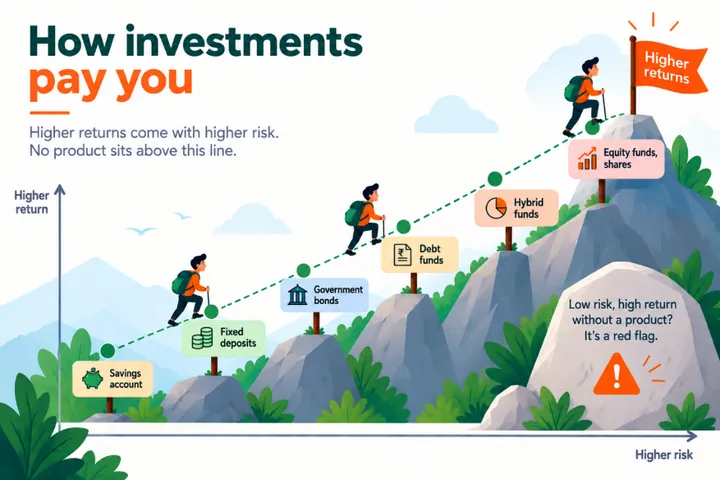 Chart: how investments pay you. Moving from savings account and fixed deposits to government bonds, debt funds, hybrid funds and equity, expected return rises with risk. A product promising high return with low risk is a red flag.