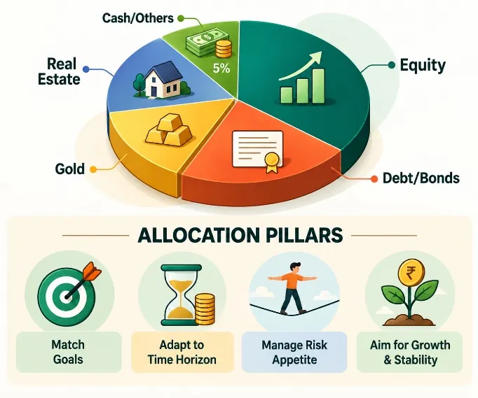 Pie chart of an asset allocation across equity, debt/bonds, gold, real estate and cash, with four allocation pillars: match goals, adapt to time horizon, manage risk appetite, aim for growth and stability.