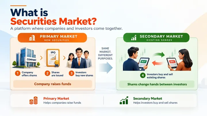 Infographic: what the securities market is. In the primary market a company issues new shares and raises funds; in the secondary market investors buy and sell existing shares among themselves.