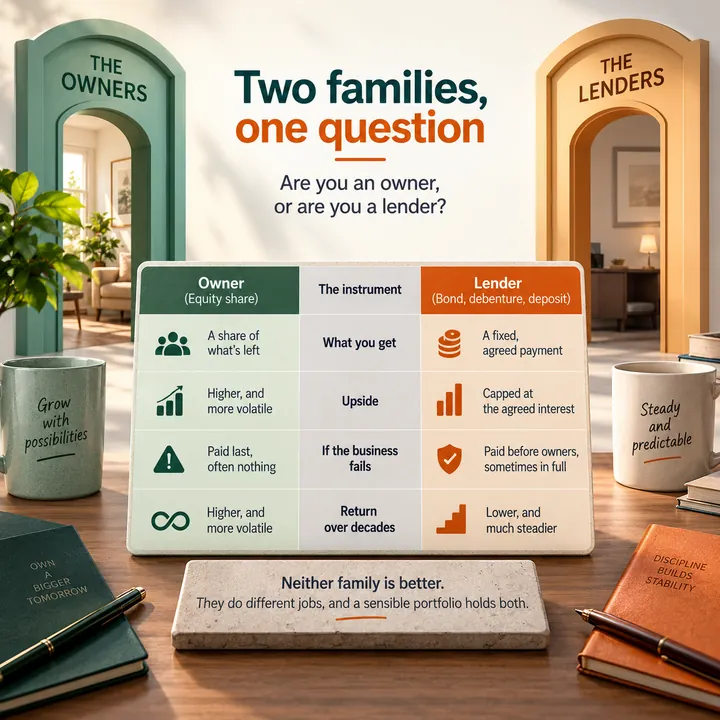 Infographic: two families of securities. Owners (equity shares) get a share of what is left, higher and more volatile returns, paid last if the business fails. Lenders (bonds, debentures, deposits) get fixed agreed payments, paid before owners, with lower and steadier returns.