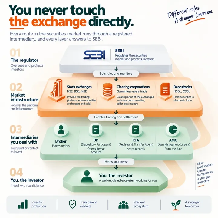 Infographic: you never touch the exchange directly. Four layers — SEBI the regulator; market infrastructure (stock exchanges, clearing corporations, depositories); intermediaries you deal with (broker, depository participant, RTA, AMC); and you, the investor.