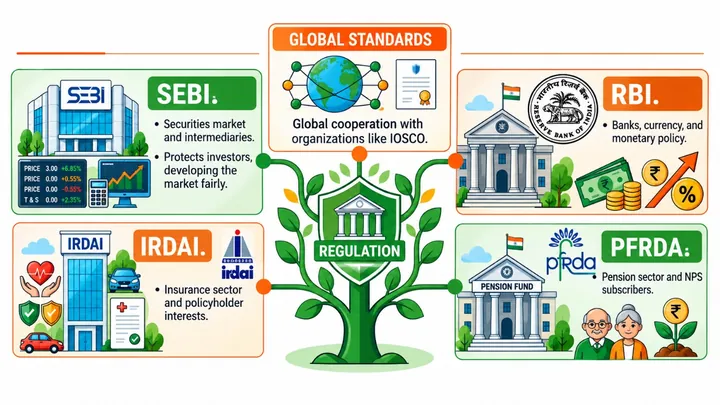Infographic: India’s financial regulators — SEBI for the securities market, RBI for banks and monetary policy, IRDAI for insurance and PFRDA for pensions and NPS, with global cooperation through IOSCO.
