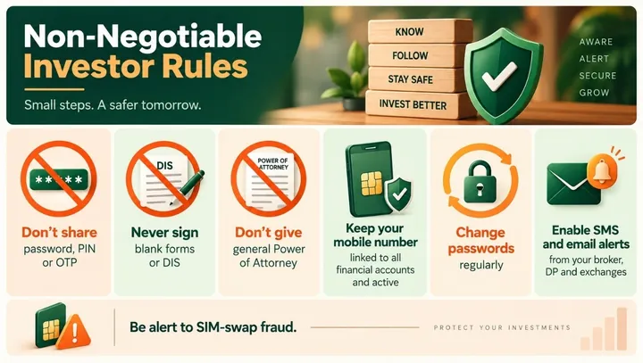 Infographic: non-negotiable investor rules — never share password, PIN or OTP; never sign blank forms or DIS; do not give a general power of attorney; keep your mobile number linked and active; change passwords regularly; enable SMS and email alerts. Be alert to SIM-swap fraud.