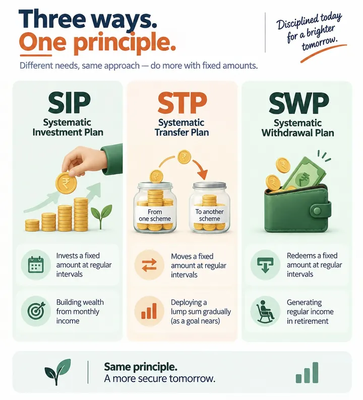 Infographic: three ways, one principle. SIP invests a fixed amount at regular intervals; STP moves a fixed amount from one scheme to another; SWP redeems a fixed amount at regular intervals, for example as income in retirement.