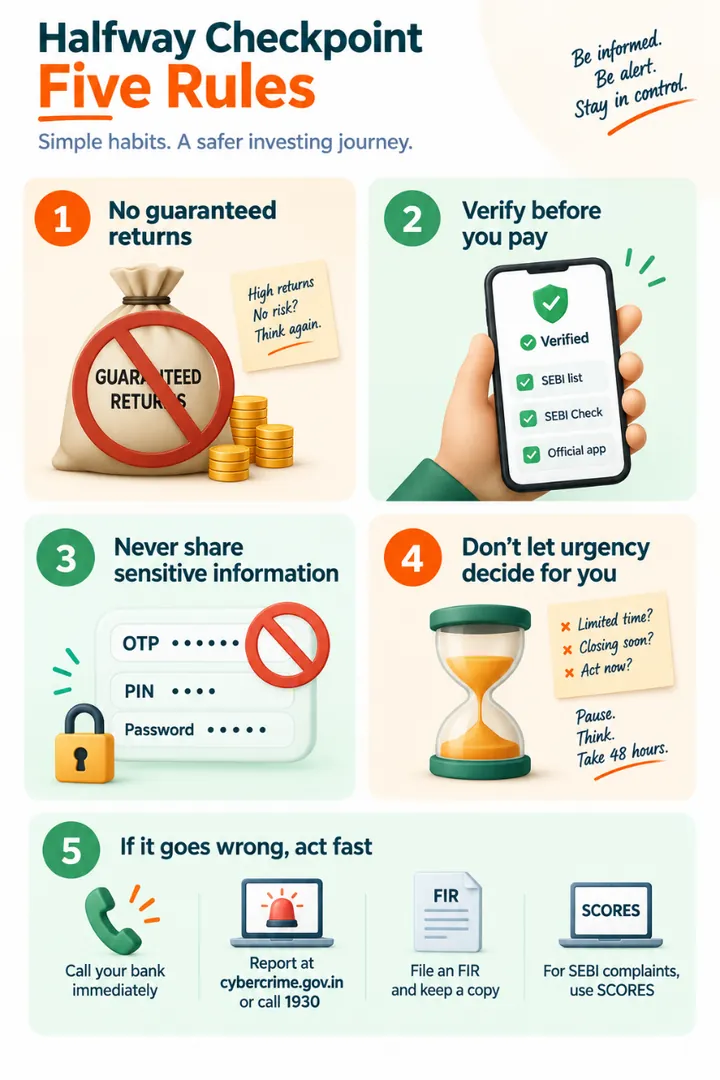 Halfway checkpoint, five rules: no guaranteed returns; verify before you pay; never share sensitive information; do not let urgency decide for you; if it goes wrong, act fast — call your bank, report at cybercrime.gov.in or 1930, file an FIR, use SCORES for SEBI complaints.