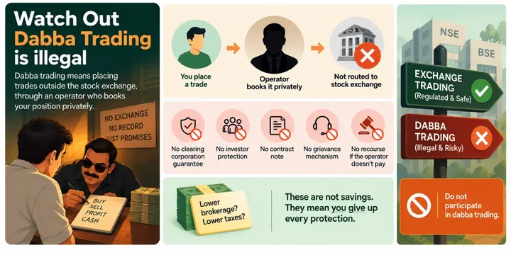 Infographic: watch out, dabba trading is illegal. Trades are booked privately by an operator, not routed to the stock exchange — with no clearing guarantee, no investor protection, no contract note and no grievance redress. Trade only on regulated exchanges.