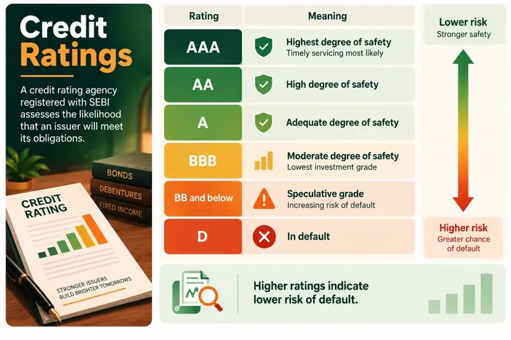 Infographic: credit ratings from AAA (highest safety) through AA, A and BBB (lowest investment grade) to BB and below (speculative) and D (in default). Higher ratings indicate lower risk of default.
