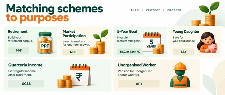 Infographic: matching government-backed schemes to purposes — PPF for retirement, NPS for market participation, NSC or bank FD for a 5-year goal, SSY for a young daughter, SCSS for quarterly income after retirement and APY for unorganised workers.