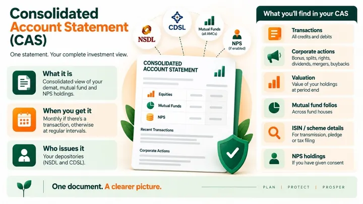 Infographic: the Consolidated Account Statement (CAS) — one statement from NSDL and CDSL showing your demat, mutual fund and NPS holdings, with transactions, corporate actions, valuation, folios and ISIN details.