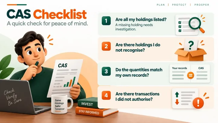 Infographic: CAS checklist — are all my holdings listed, are there holdings I do not recognise, do the quantities match my records, are there transactions I did not authorise?