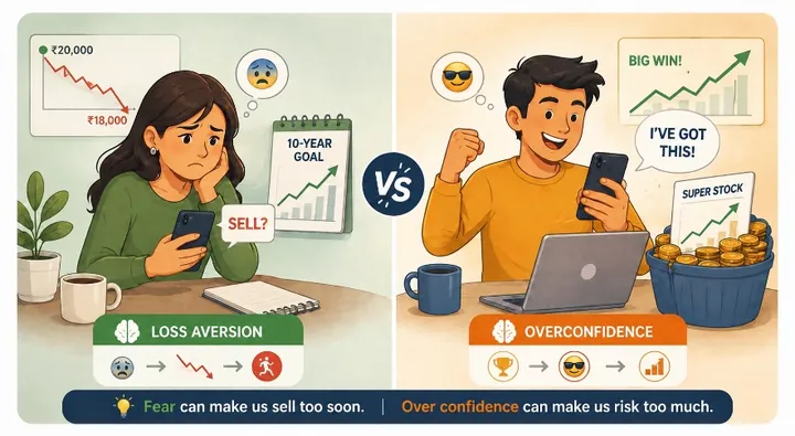 Illustration of two biases: loss aversion, where fear makes one investor sell too soon, and overconfidence, where another takes too much risk after a big win.