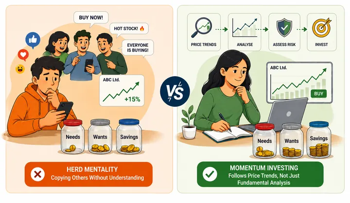 Illustration comparing herd mentality (buying a hot stock because everyone is buying) with momentum investing (following price trends with analysis and risk assessment).