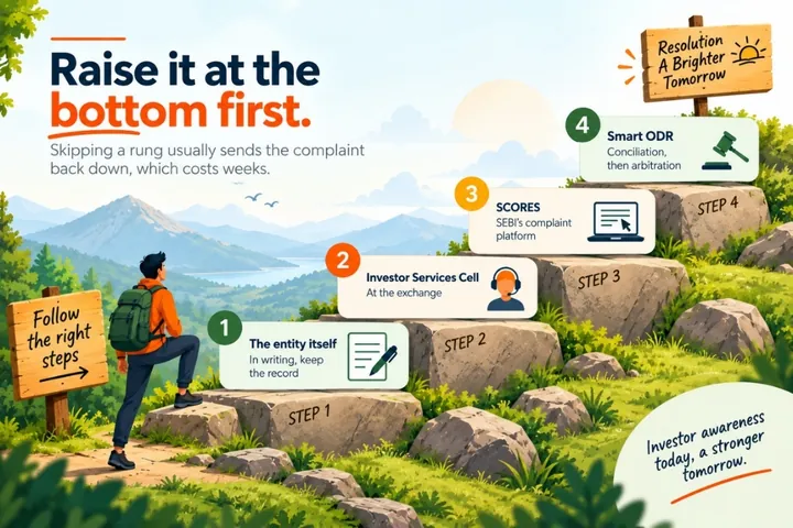 Infographic: raise a complaint at the bottom first — step 1 the entity itself in writing, step 2 the exchange’s Investor Services Cell, step 3 SCORES, step 4 Smart ODR for conciliation and arbitration.