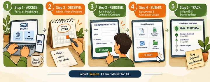 Infographic: SCORES in five steps — access the portal or mobile app, file within one year of the incident, register with basic details, submit documents and complaint details, and track using your unique ID.