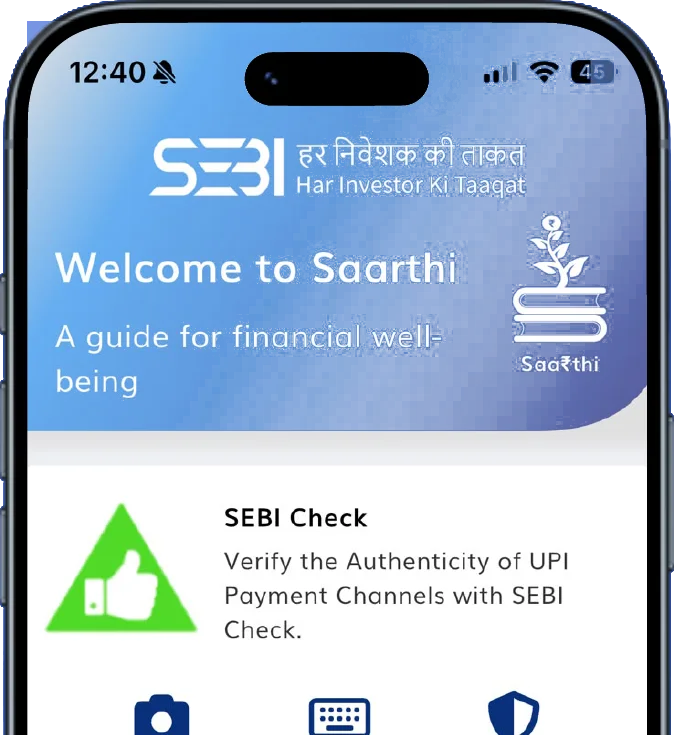 Saarthi app home screen showing the SEBI Check feature